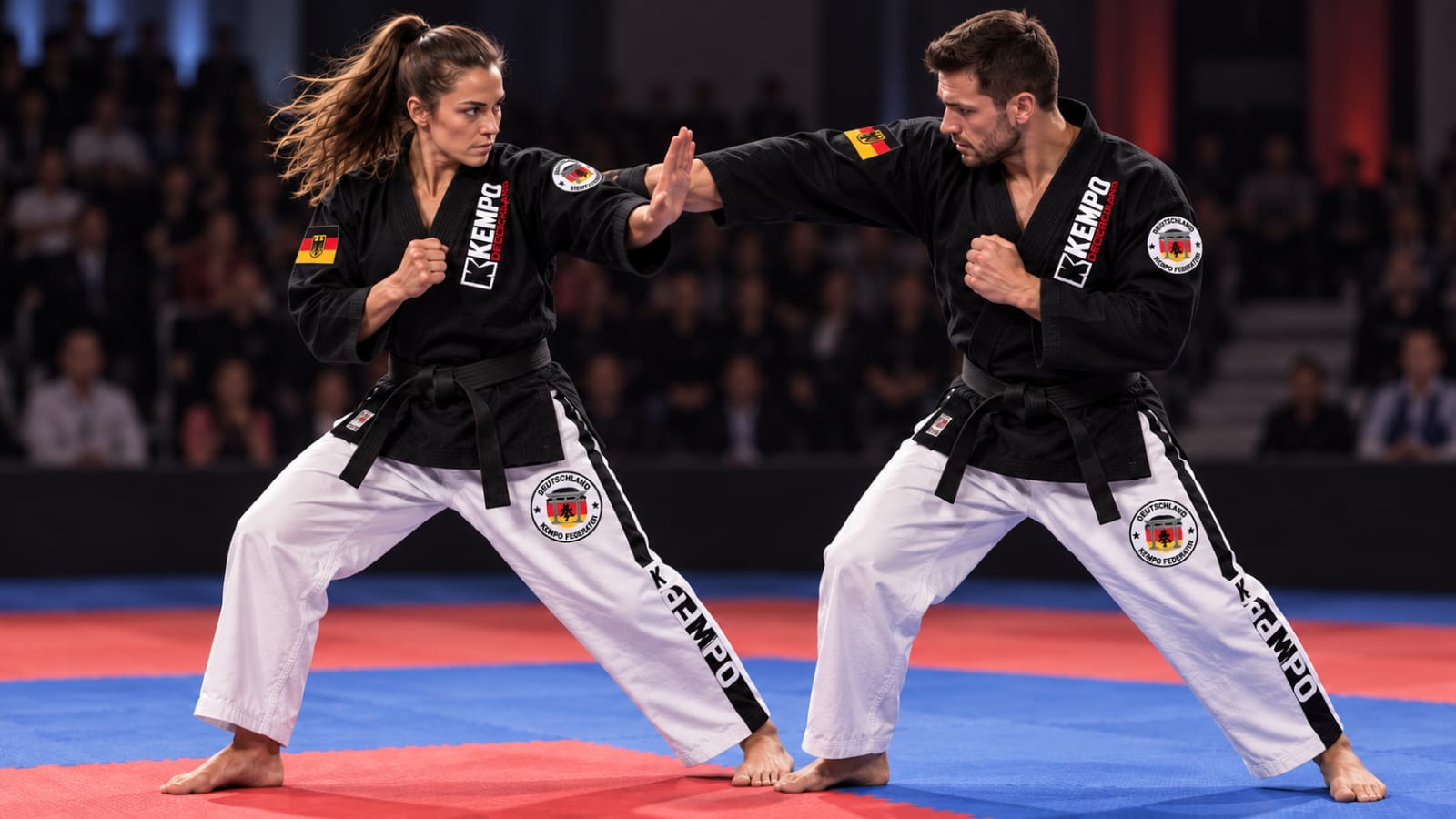 Zwei Kempo-Sportler in einer Techniksequenz